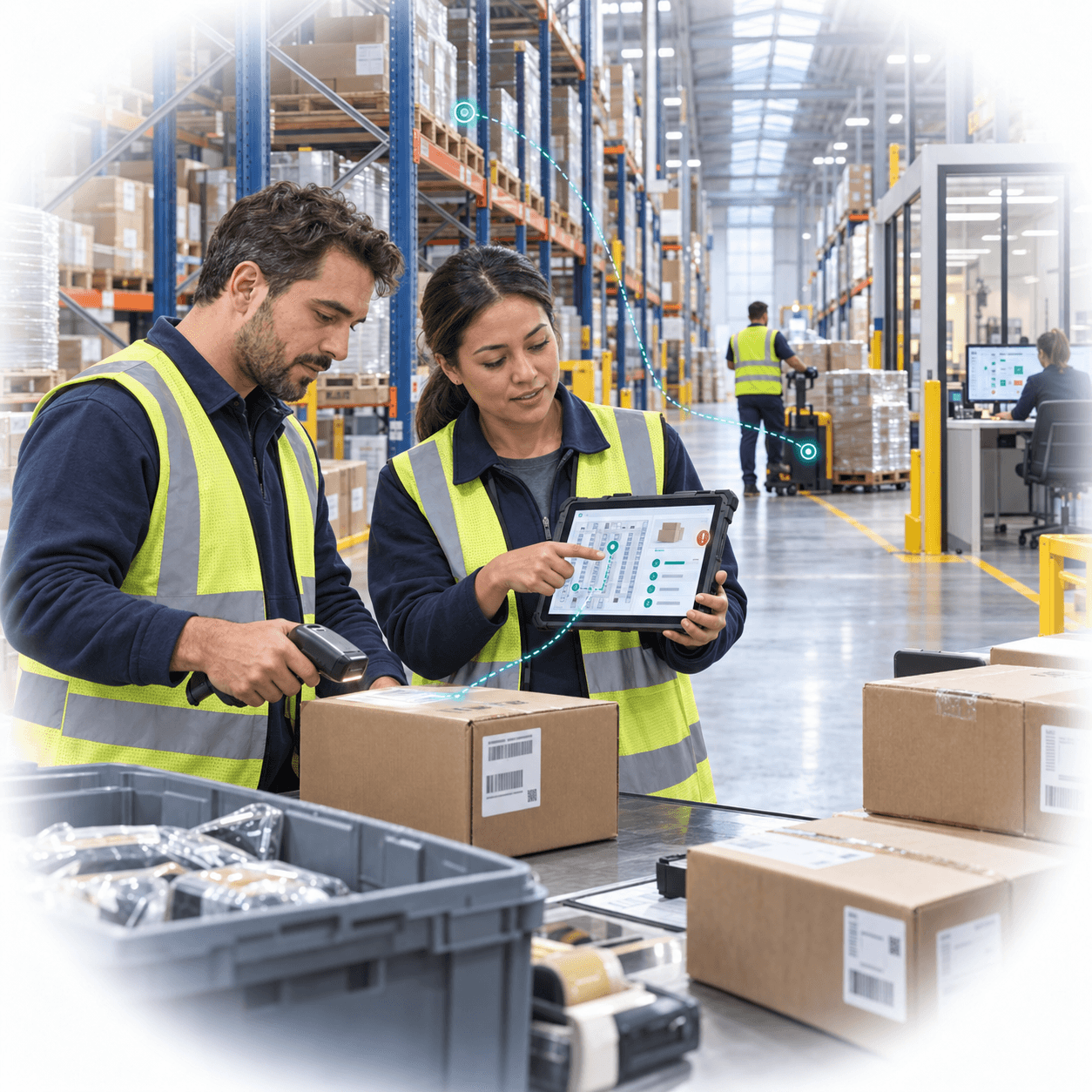 Omacle team deploying IoT tracking system in a warehouse